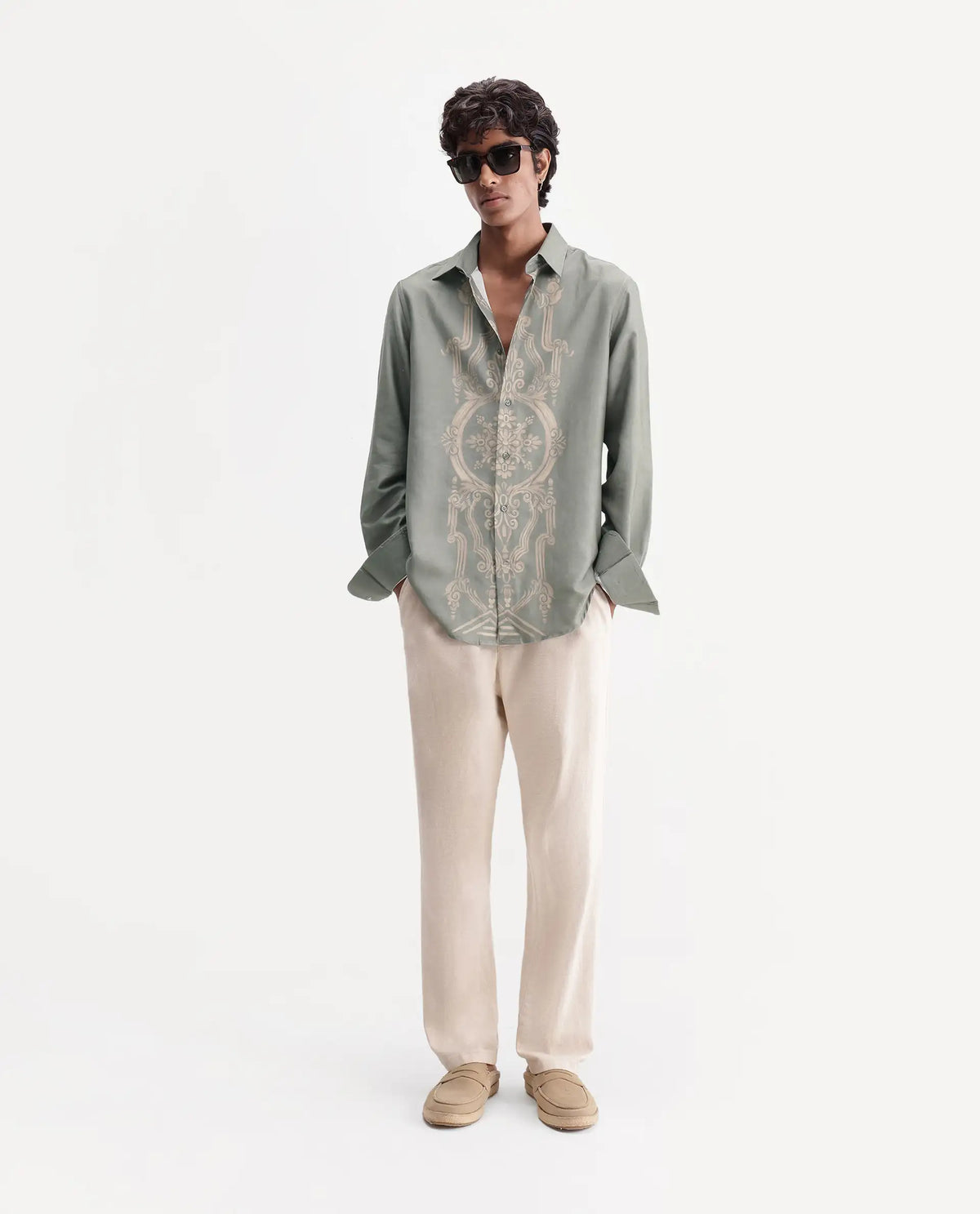 Rare Rabbit Men's Darko Light Green Cotton Blend Spread Collar Regular Geometric Print Shirt