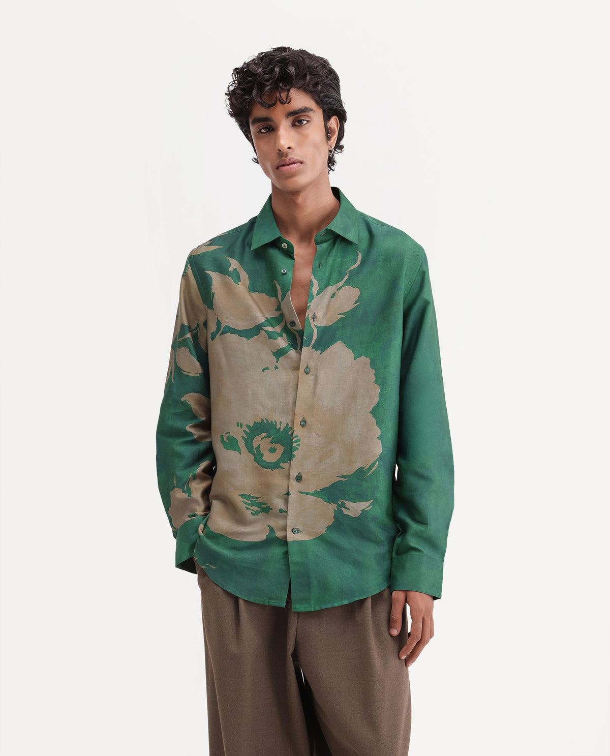 Rare Rabbit Men's Leth Green Cotton Blend Spread Collar Regular Floral Print Shirt