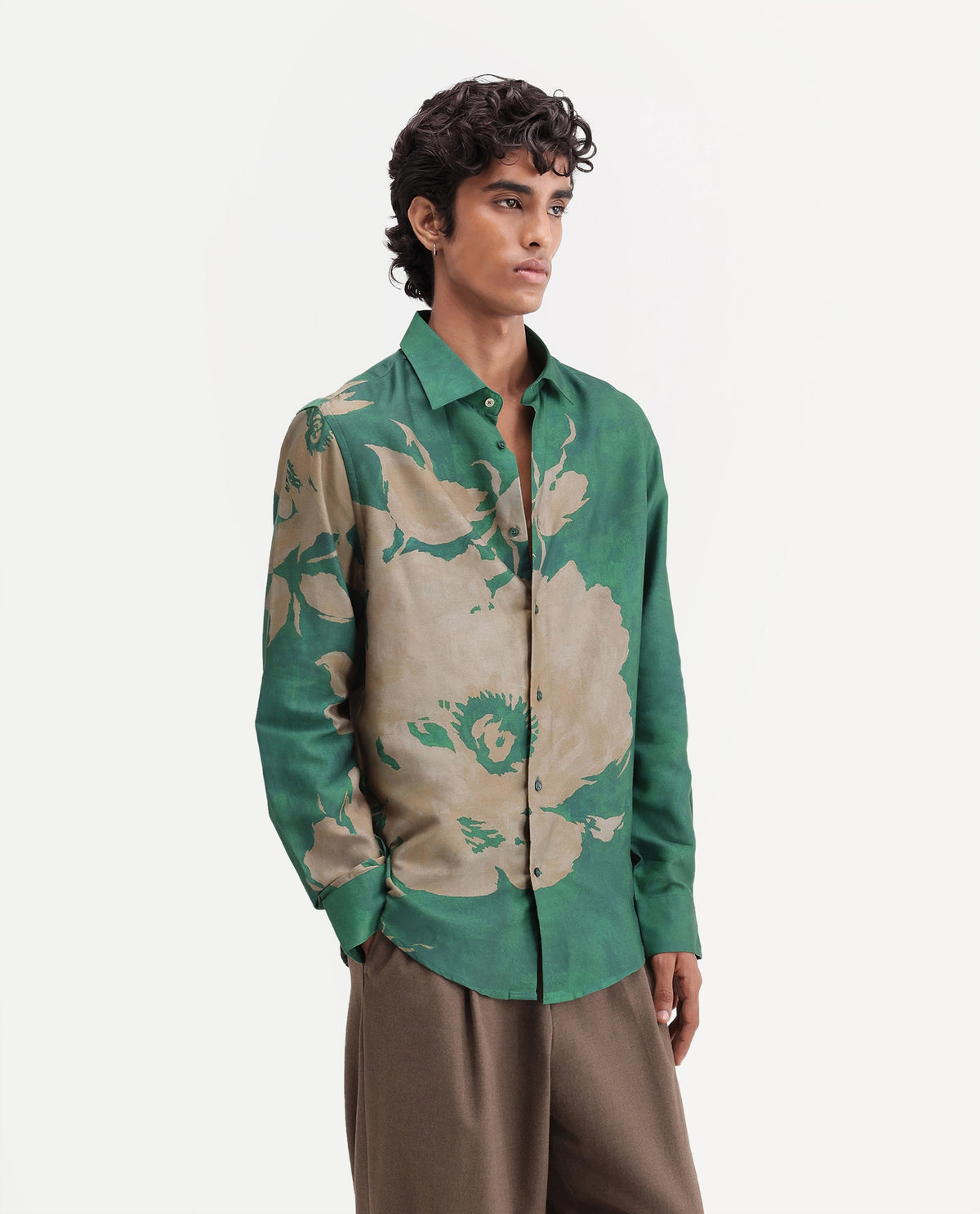 Rare Rabbit Men's Leth Green Cotton Blend Spread Collar Regular Floral Print Shirt
