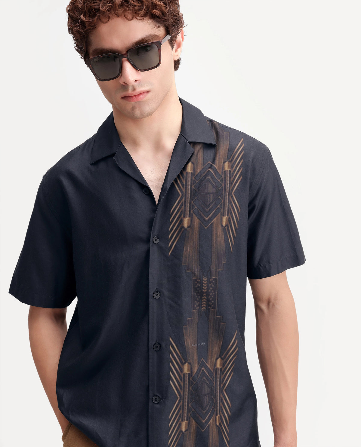 Rare Rabbit Men's Luxa Black Cotton Blend Cuban Collar Regular Geometric Print Shirt