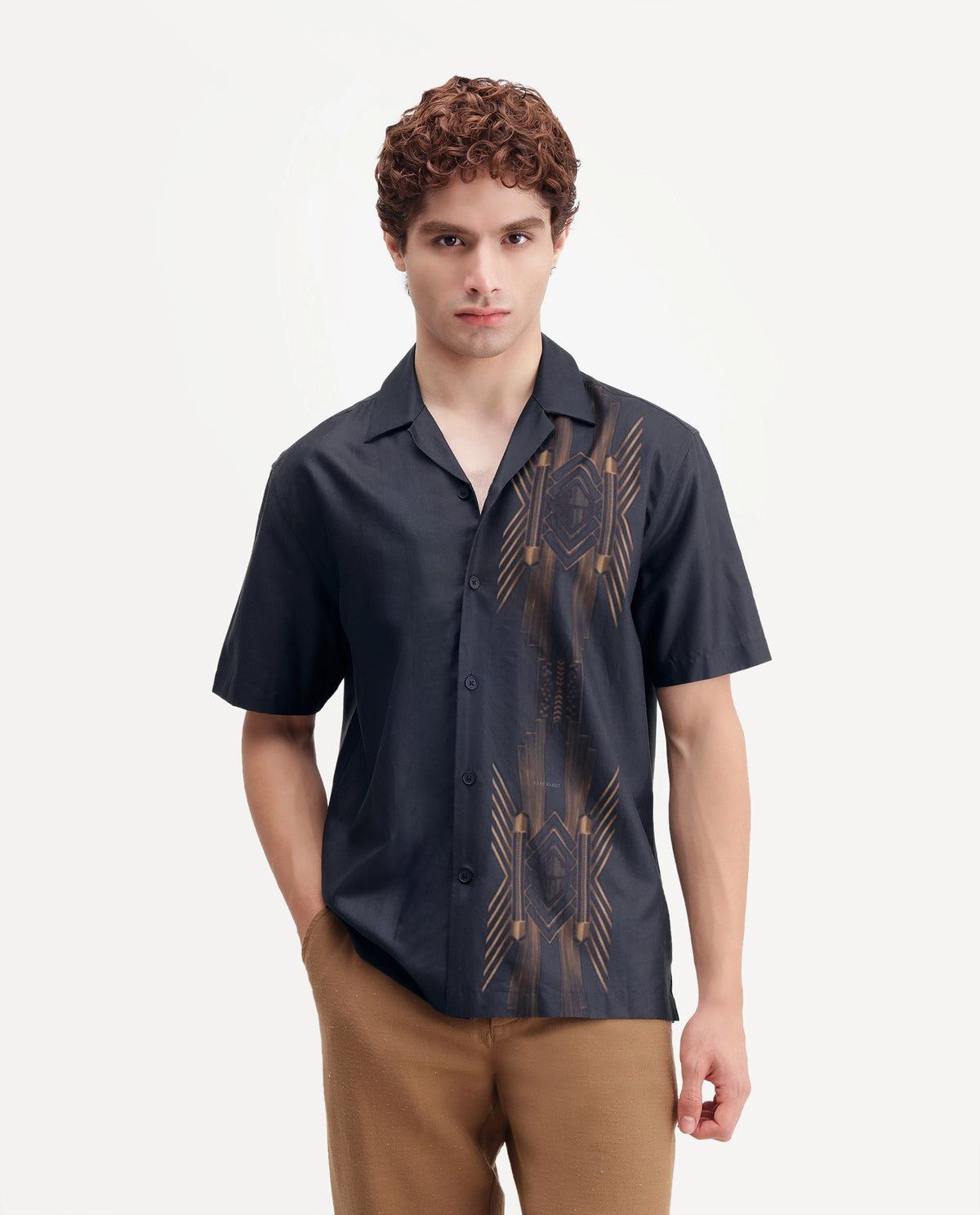 Rare Rabbit Men's Luxa Black Cotton Blend Cuban Collar Regular Geometric Print Shirt