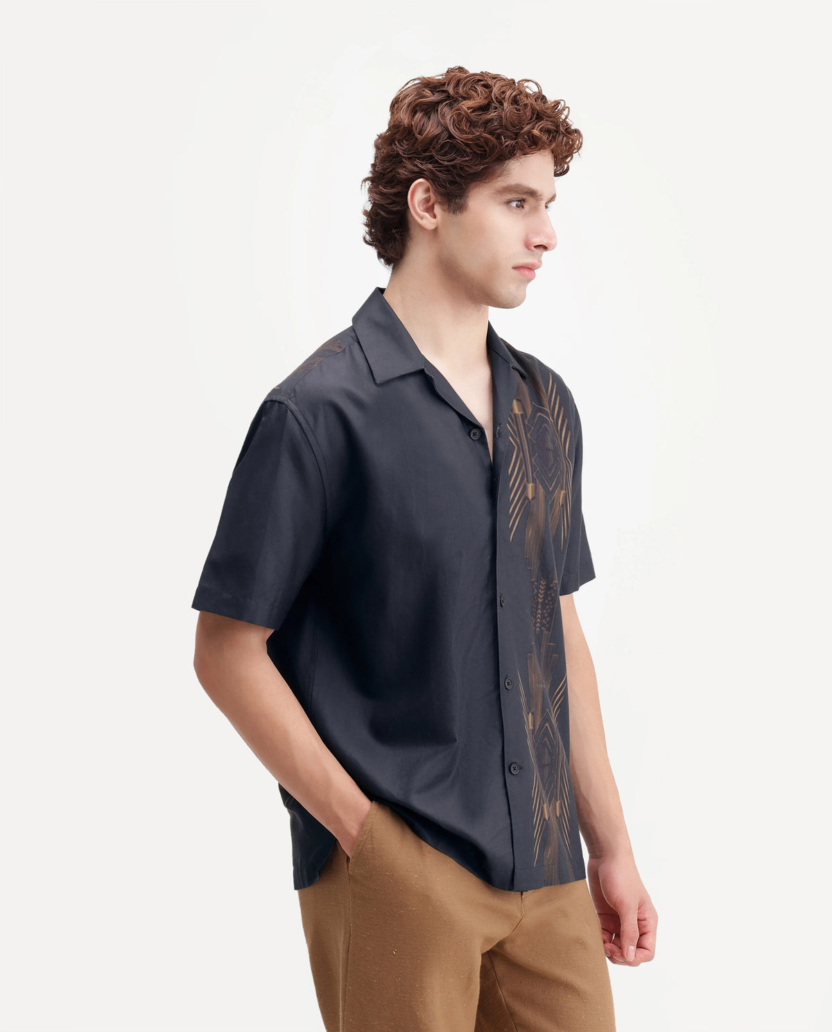 Rare Rabbit Men's Luxa Black Cotton Blend Cuban Collar Regular Geometric Print Shirt