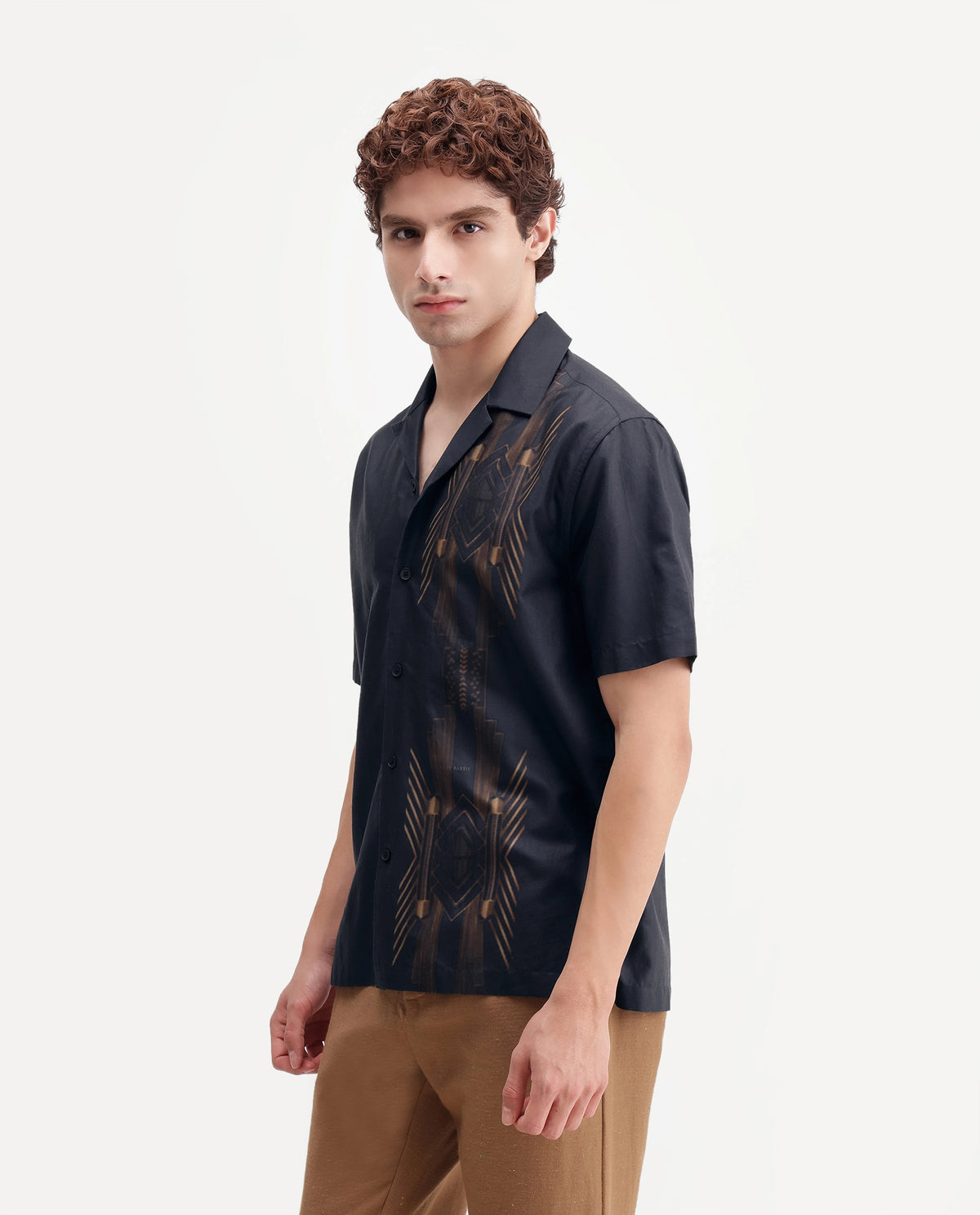 Rare Rabbit Men's Luxa Black Cotton Blend Cuban Collar Regular Geometric Print Shirt