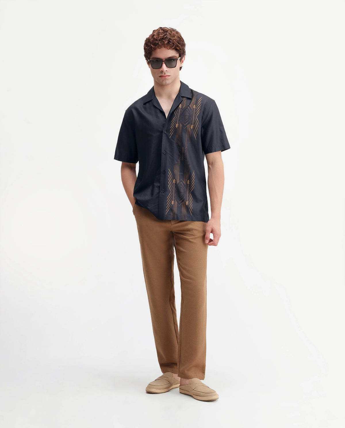 Rare Rabbit Men's Luxa Black Cotton Blend Cuban Collar Regular Geometric Print Shirt
