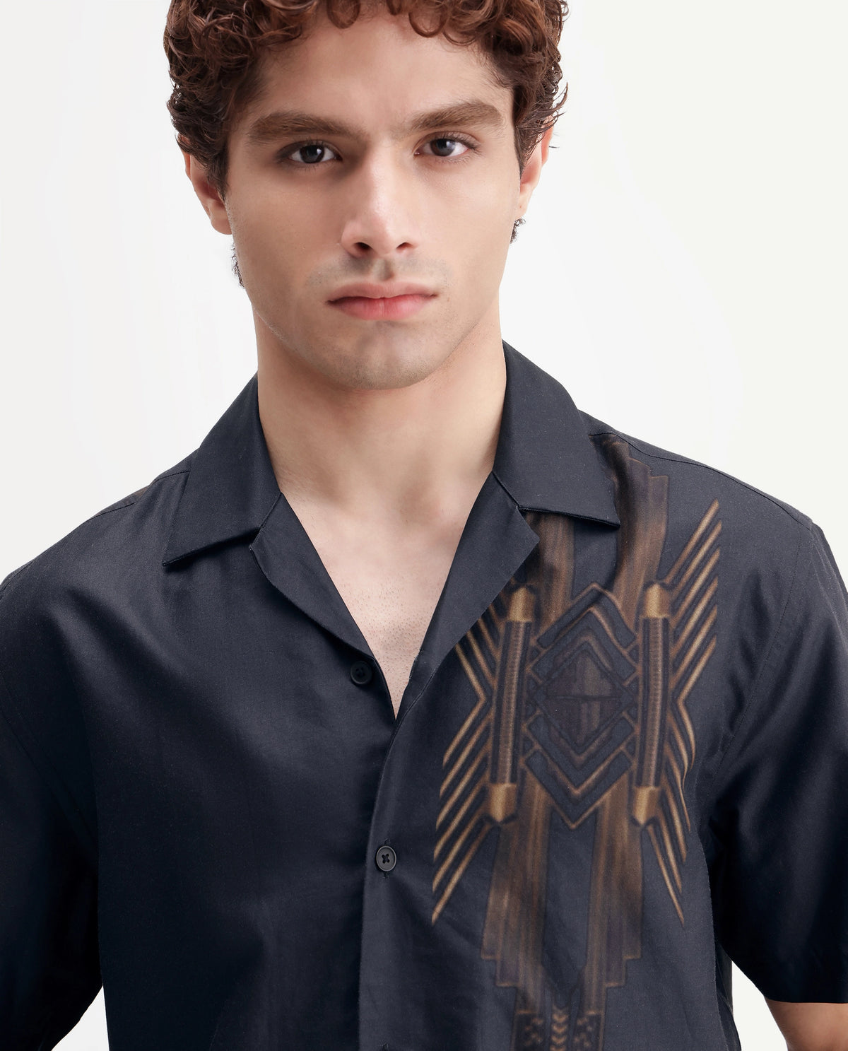 Rare Rabbit Men's Luxa Black Cotton Blend Cuban Collar Regular Geometric Print Shirt