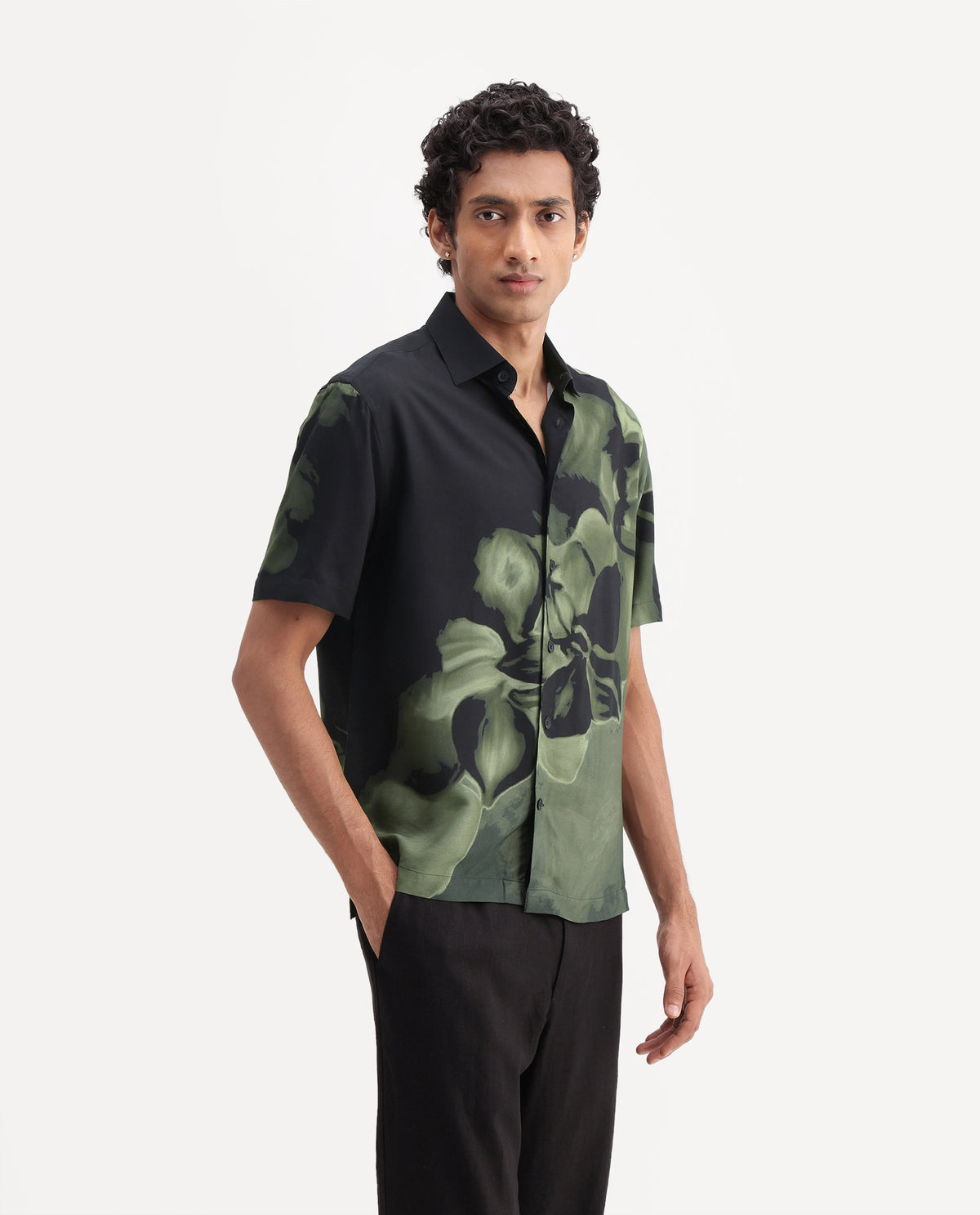 Rare Rabbit Men's Videro Dark Green Viscose Spread Collar Button Regular Floral Print Shirt