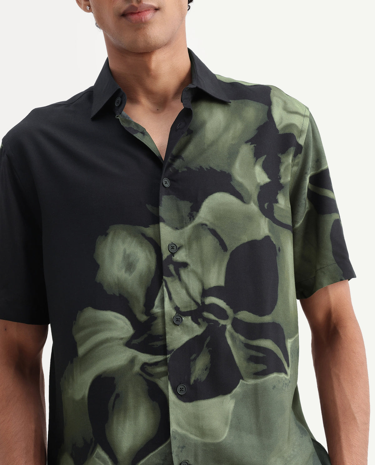 Rare Rabbit Men's Videro Dark Green Viscose Spread Collar Button Regular Floral Print Shirt