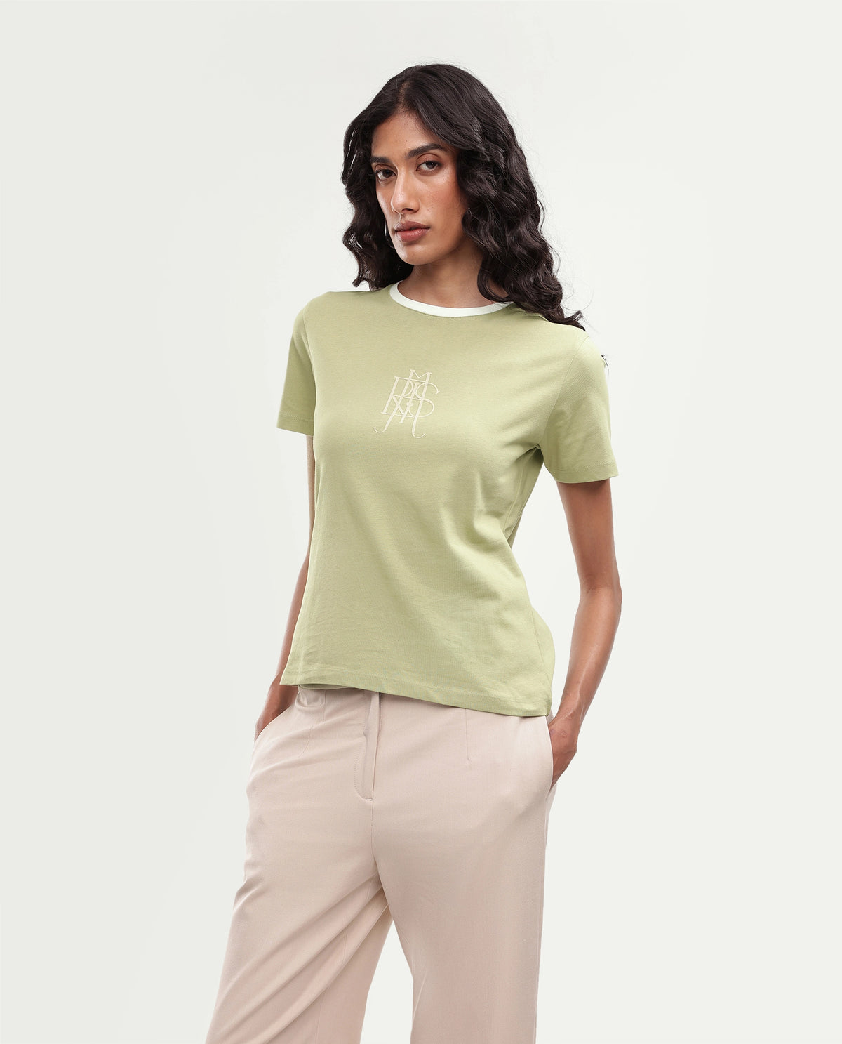 Rareism Women's Cosmes Light Green Cotton Crew Neck Regular Hd Print T-Shirt