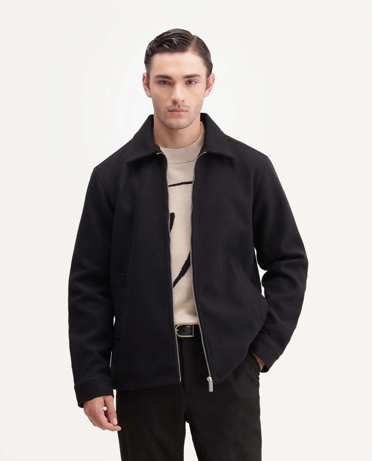 Rare Rabbit Men's Tweeder-26 Black Polyester Spread Collar Regular Plain Jacket