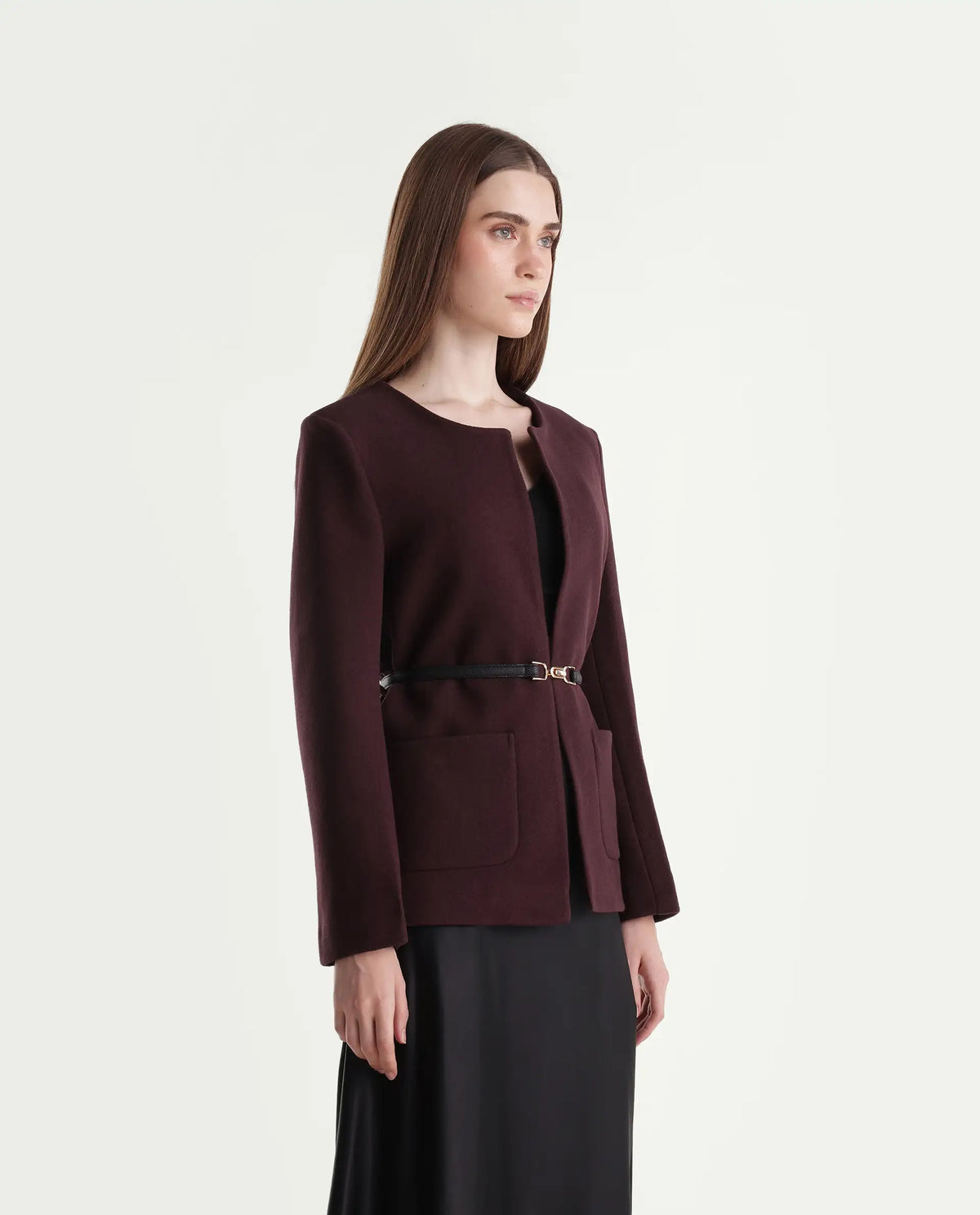 Rareism Women's Nexmaraw26 Dark Maroon Polyester Crew Neck Regular Plain Jacket