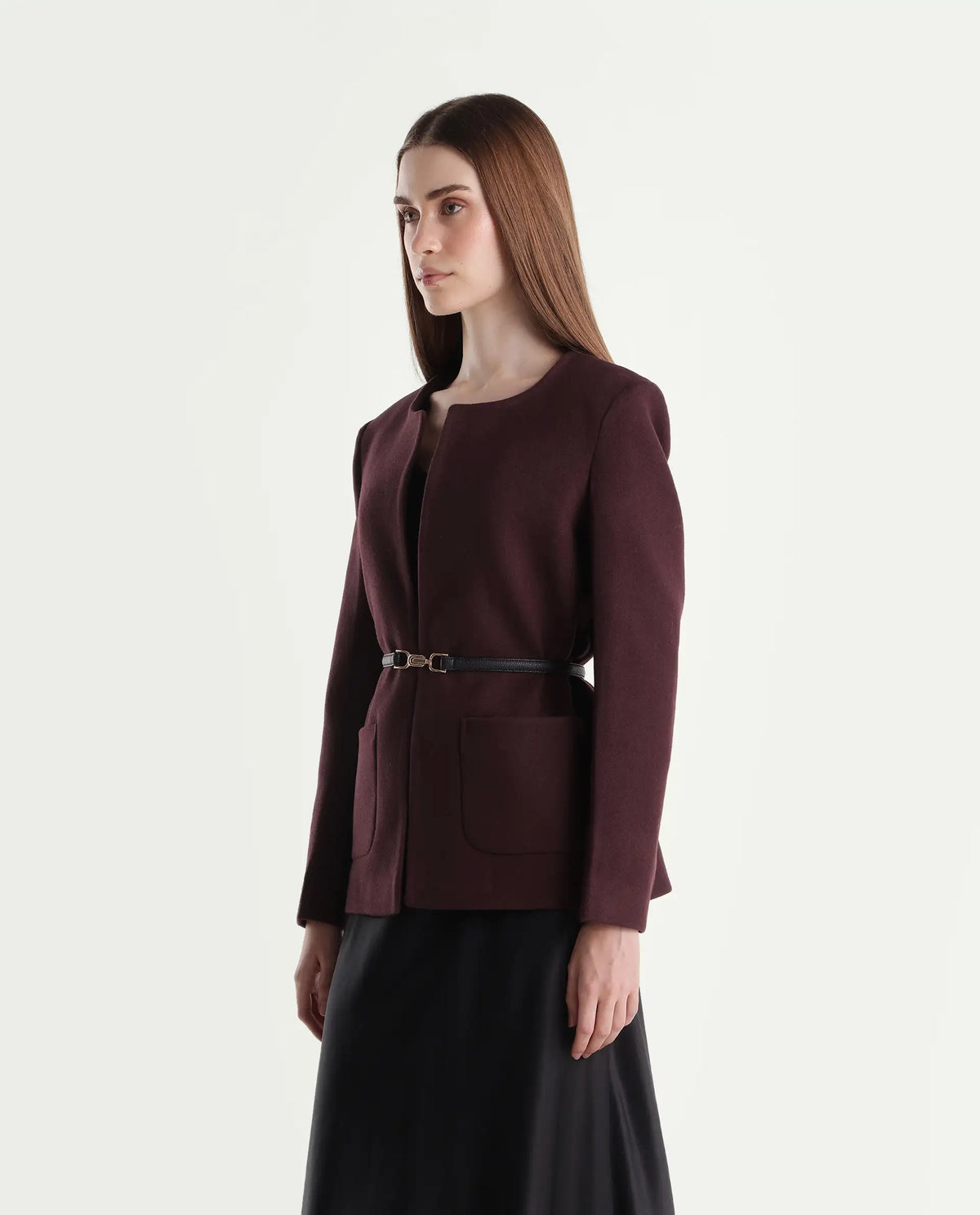 Rareism Women's Nexmaraw26 Dark Maroon Polyester Crew Neck Regular Plain Jacket