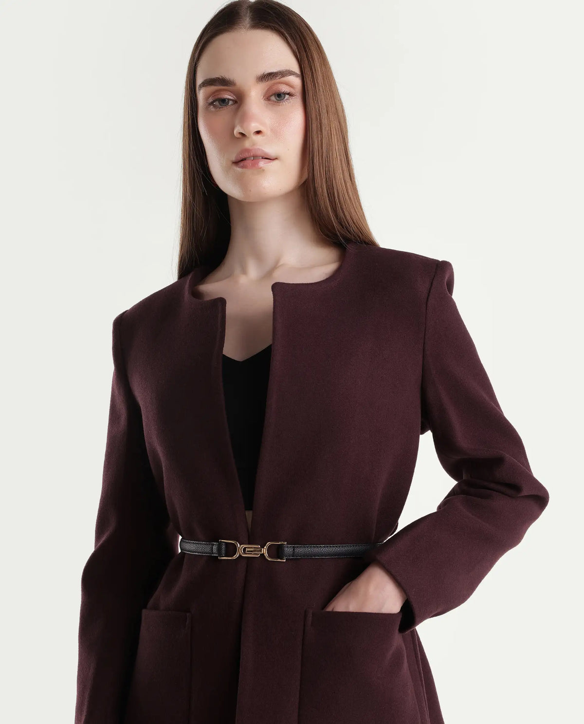 Rareism Women's Nexmaraw26 Dark Maroon Polyester Crew Neck Regular Plain Jacket