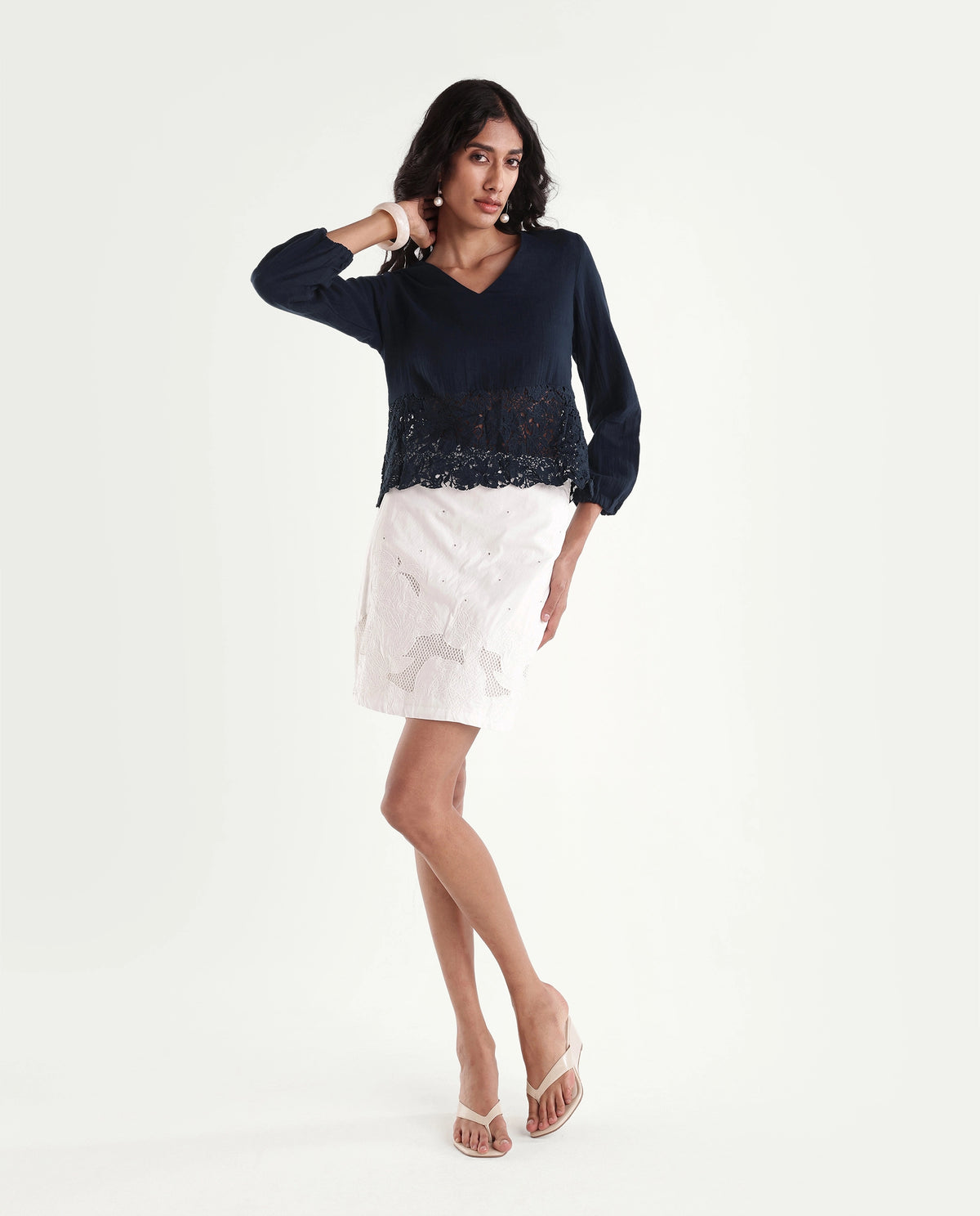 Rareism Women's Sinloao-N Dark Navy Cotton V-Neck Blouse Woven Design Top