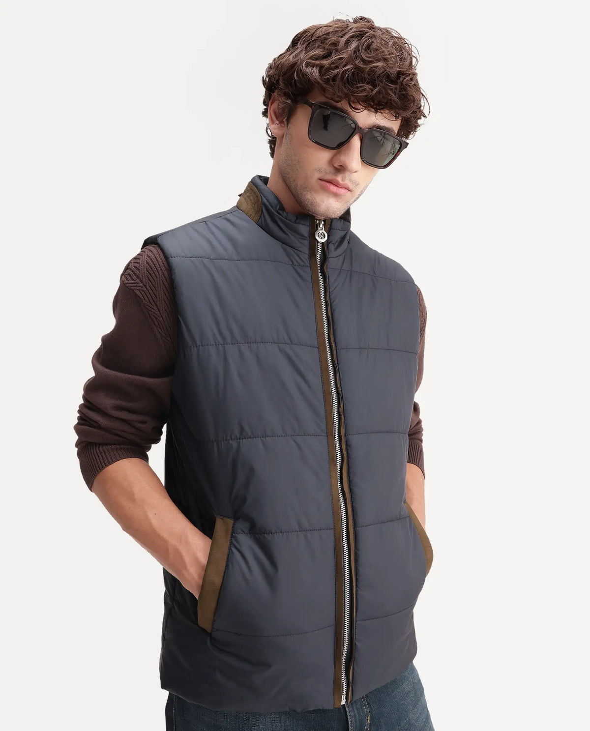 Rare Rabbit Men's Ravo Navy Cotton High Neck Regular Plain Jacket