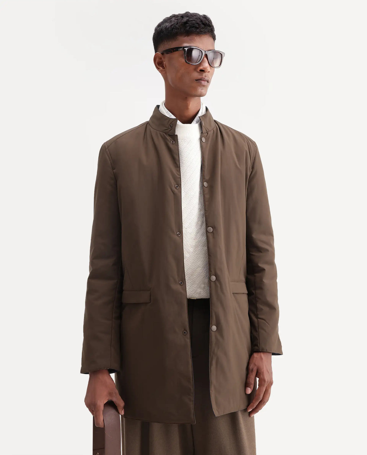 Rare Rabbit Men's Fley Brown Cotton High Neck Regular Plain Jacket