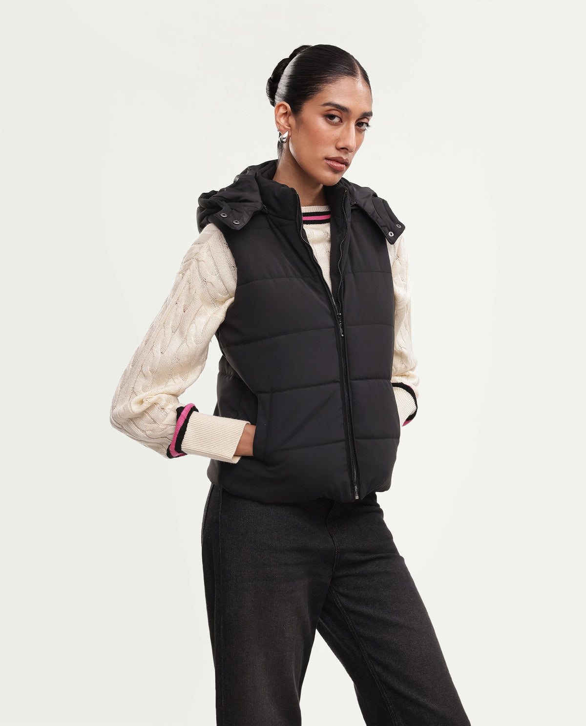 Rareism Women's Gem Black Polyester Hooded Regular Plain Jacket