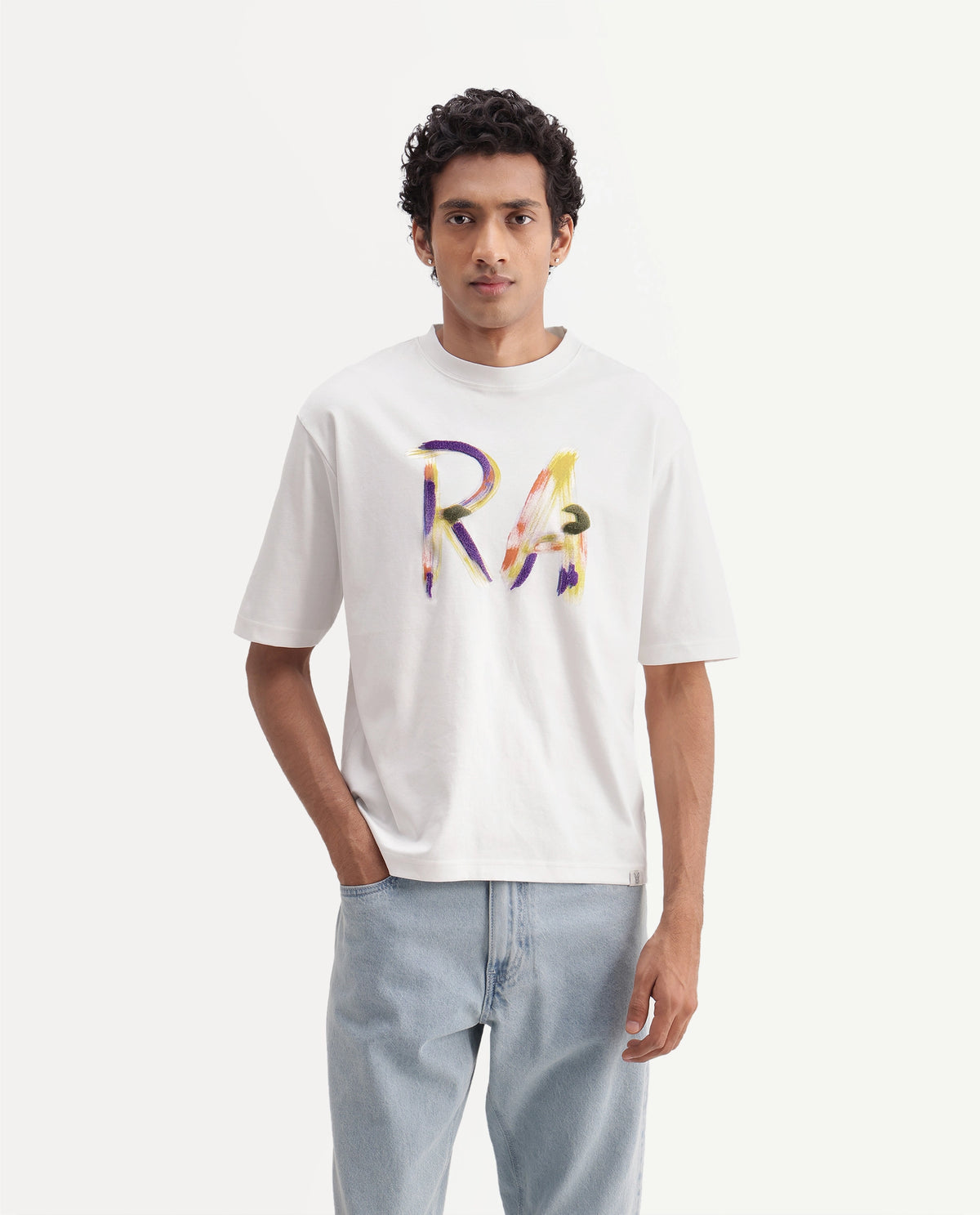 Rare Rabbit Men's Cavo Off White Cotton Crew Neck Relaxed Graphic Print T-Shirt