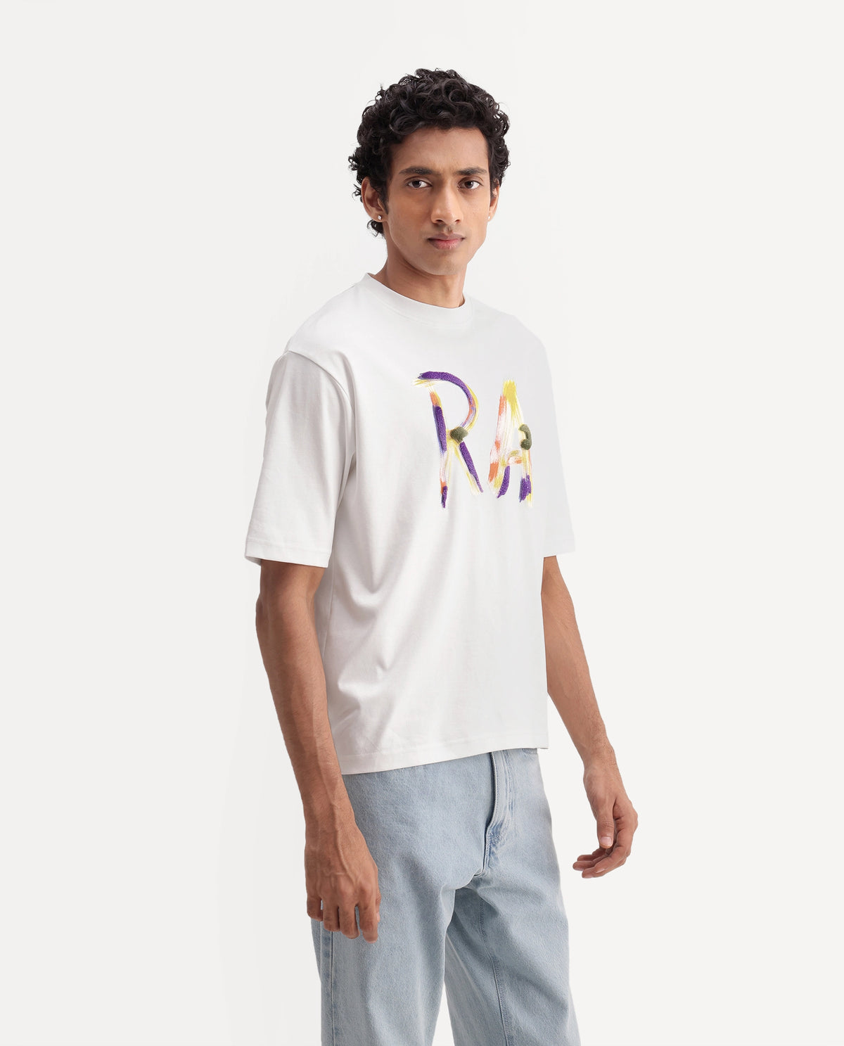 Rare Rabbit Men's Cavo Off White Cotton Crew Neck Relaxed Graphic Print T-Shirt