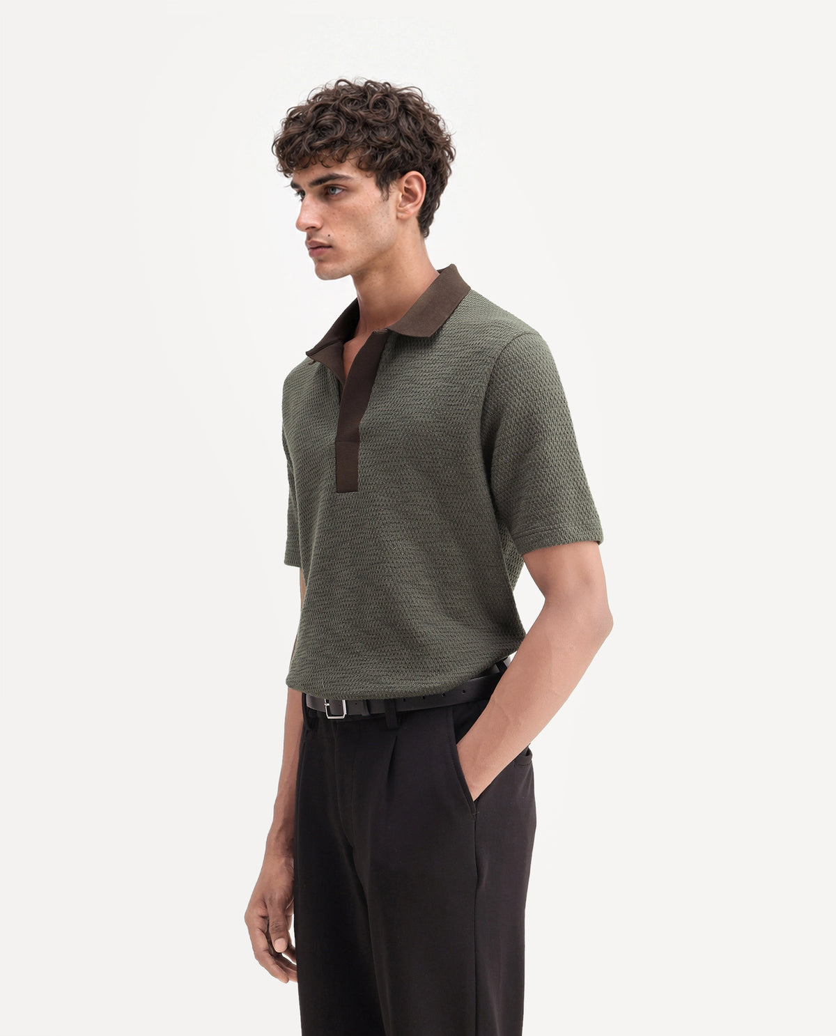 Rare Rabbit Men's Mark Dark Olive Cotton Blend Spread Collar Regular Textured Polo