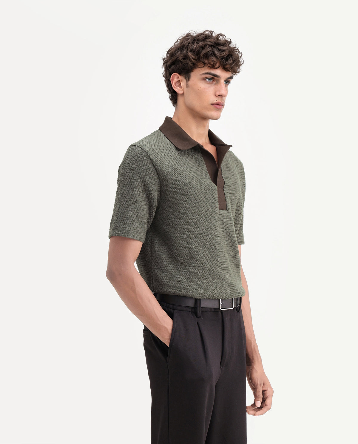 Rare Rabbit Men's Mark Dark Olive Cotton Blend Spread Collar Regular Textured Polo