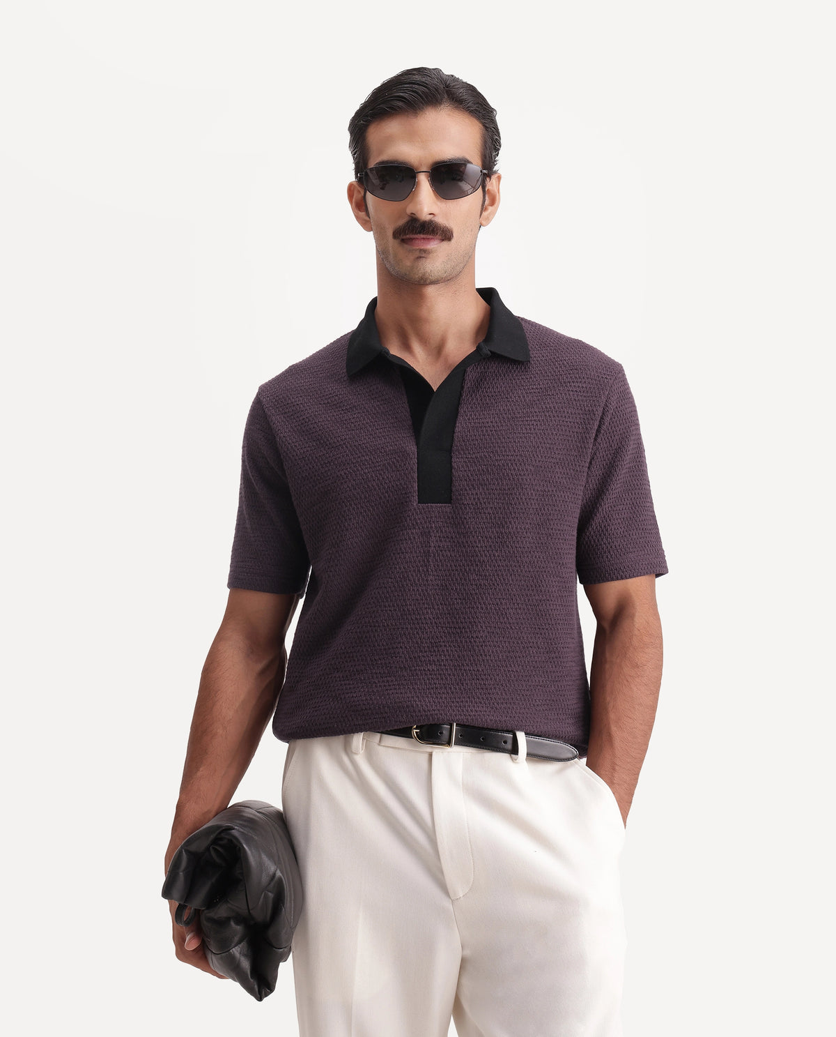 Rare Rabbit Men's Mark Dark Purple Cotton Blend Spread Collar Regular Textured Polo