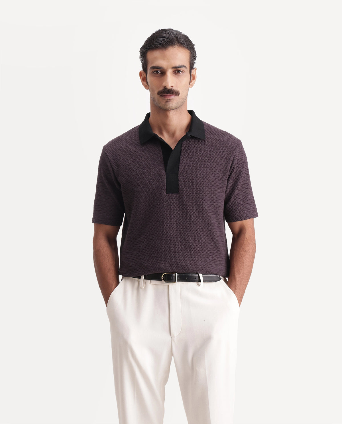 Rare Rabbit Men's Mark Dark Purple Cotton Blend Spread Collar Regular Textured Polo