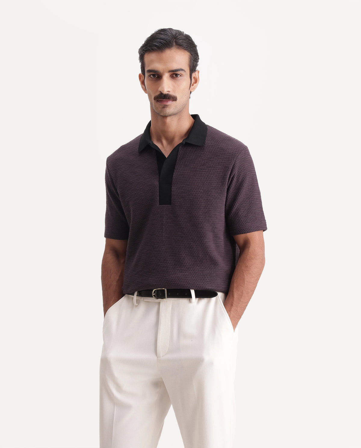 Rare Rabbit Men's Mark Dark Purple Cotton Blend Spread Collar Regular Textured Polo