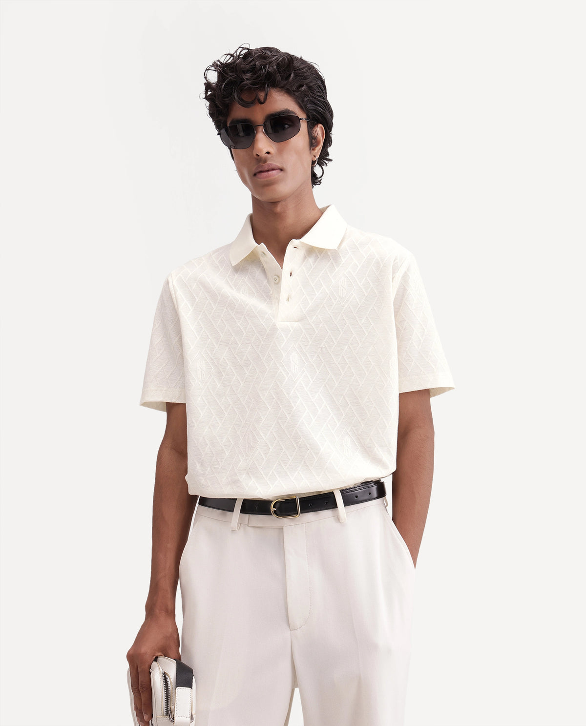 Rare Rabbit Men's West Off White Cotton Spread Collar Regular Plain Polo