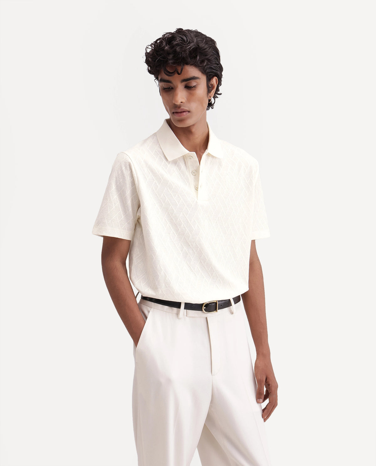 Rare Rabbit Men's West Off White Cotton Spread Collar Regular Plain Polo