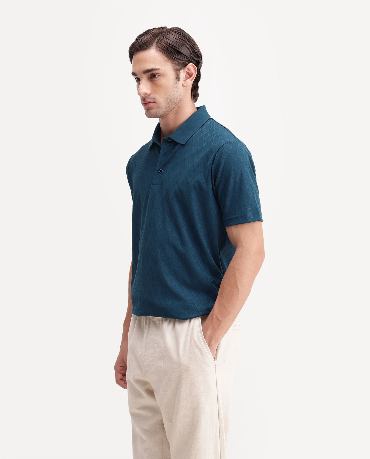 Rare Rabbit Men's West Teal Cotton Spread Collar Regular Plain Polo
