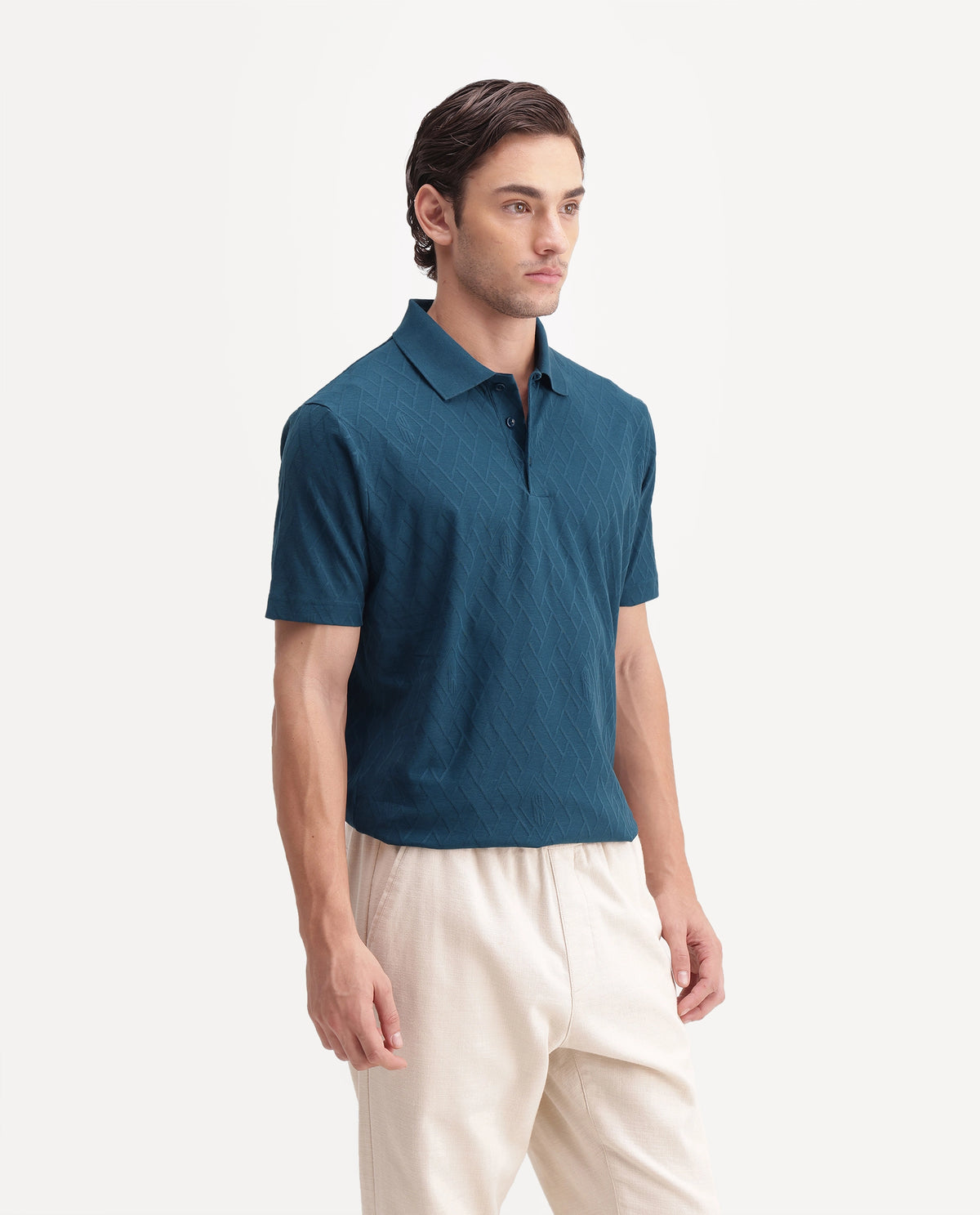 Rare Rabbit Men's West Teal Cotton Spread Collar Regular Plain Polo