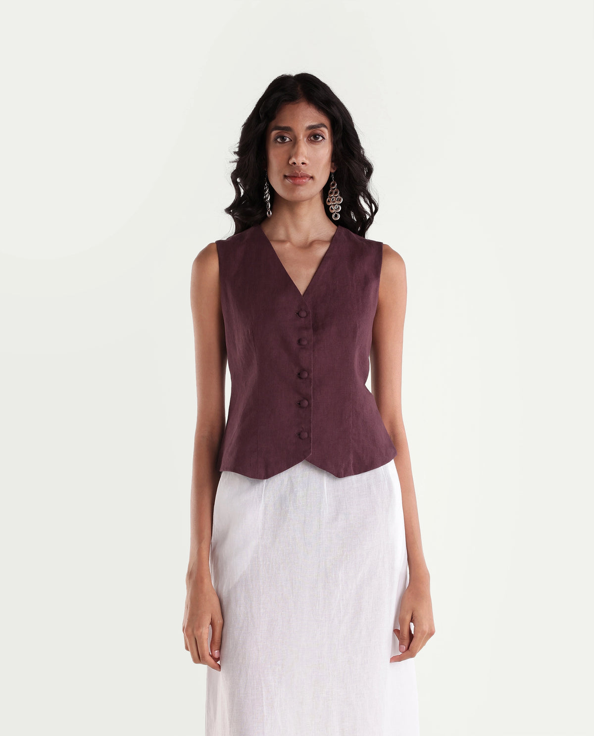 Rareism Women's Rubon-T Dusky Maroon 100% Linen V-Neck Regular Plain Waist Coat