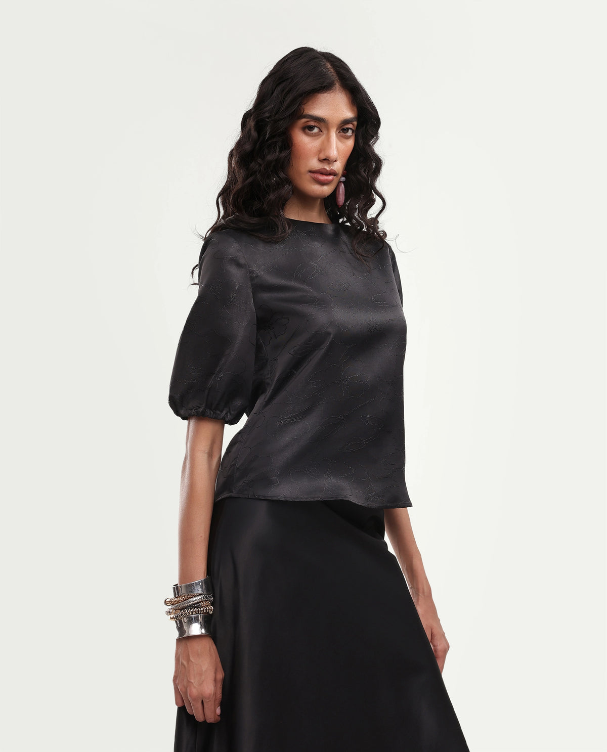 Rareism Women's Xenet Black Polyester Crew Neck Regular Jacquard Top