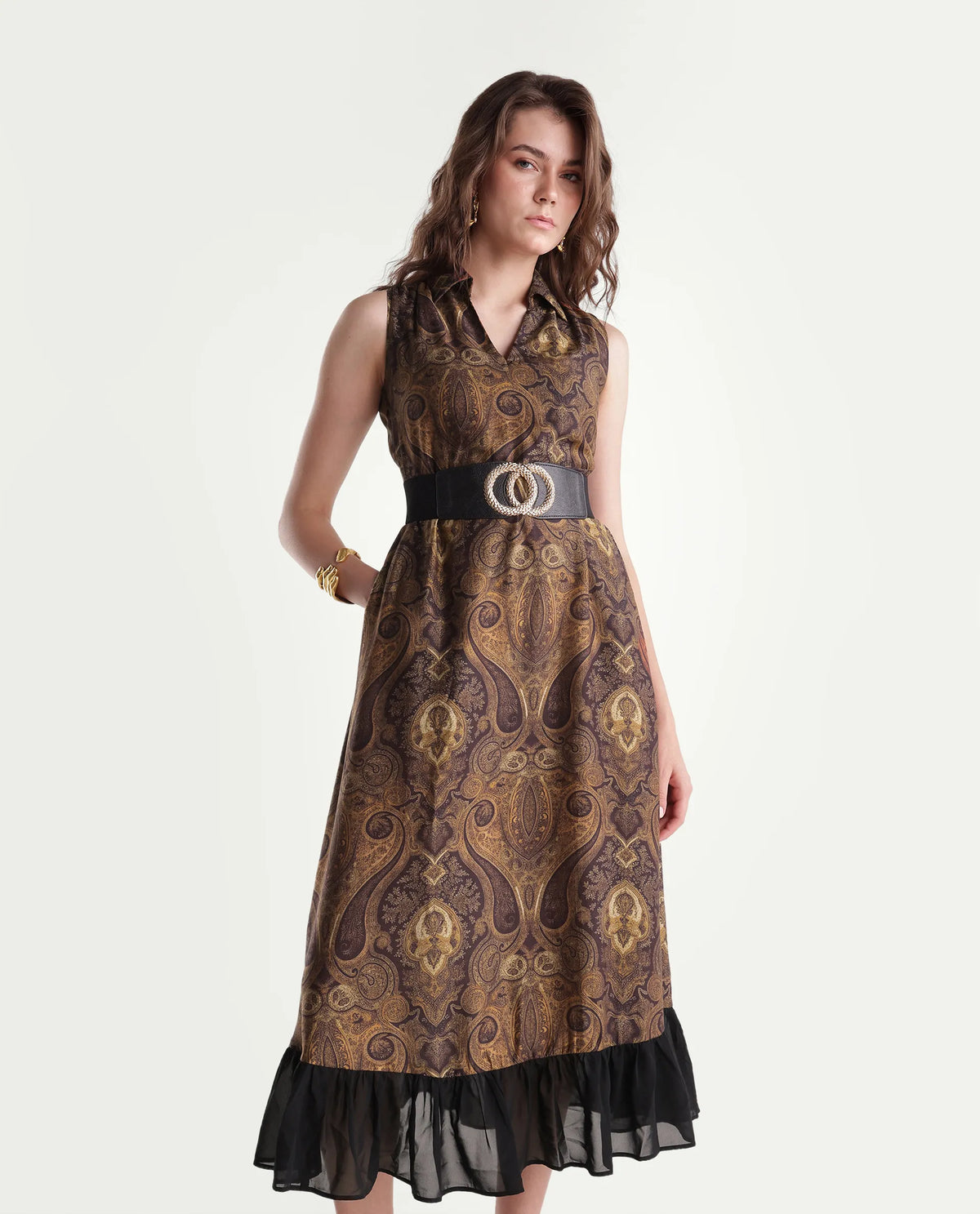 Rareism Women's Xenon Multi Viscose Blend Johnny Collar A-Line Paisley Dress