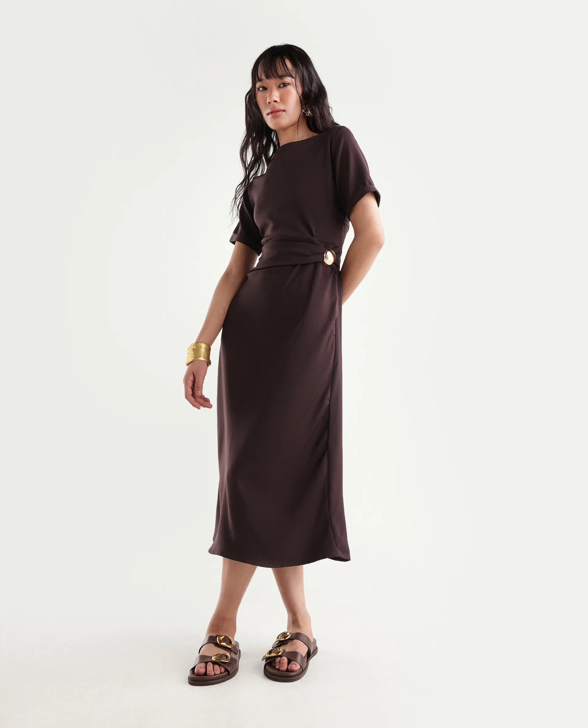Rareism Women's Xavim Dark Brown Polyester Crew Neck Sheath Plain Dress