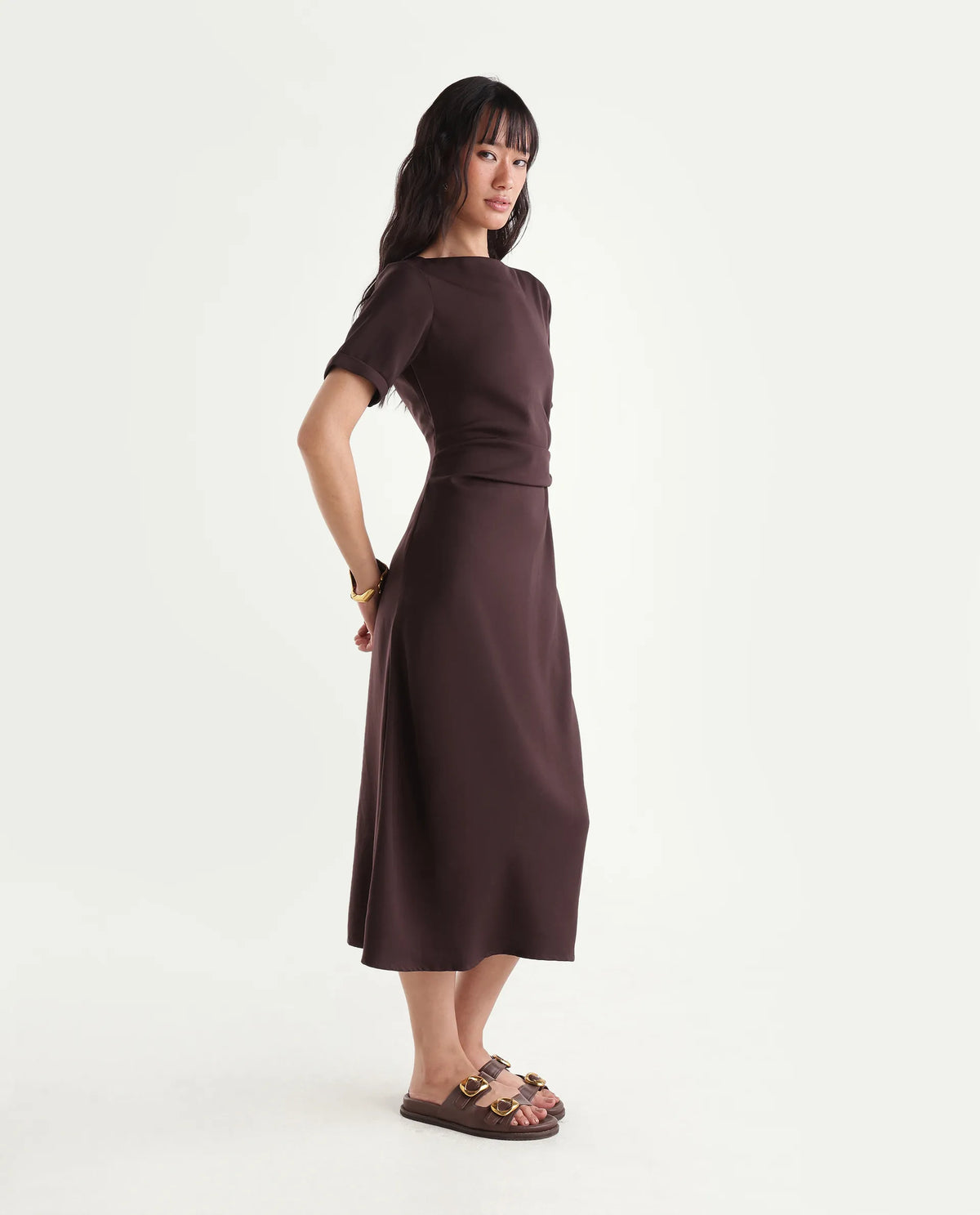 Rareism Women's Xavim Dark Brown Polyester Crew Neck Sheath Plain Dress