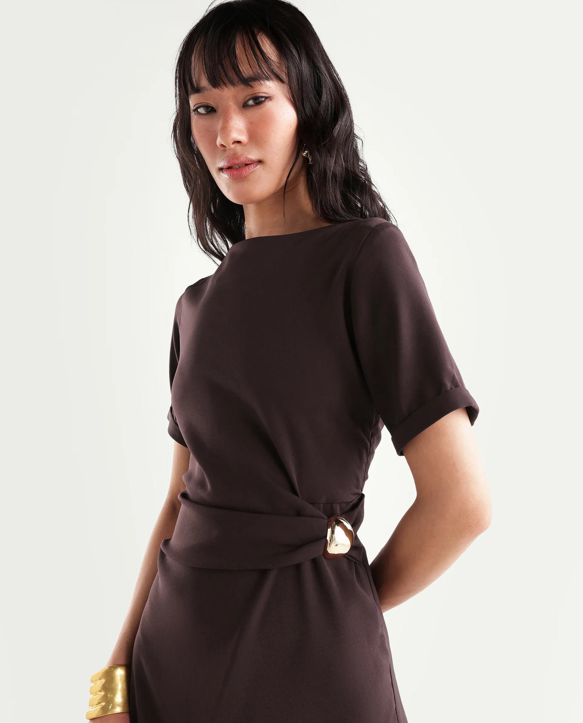 Rareism Women's Xavim Dark Brown Polyester Crew Neck Sheath Plain Dress