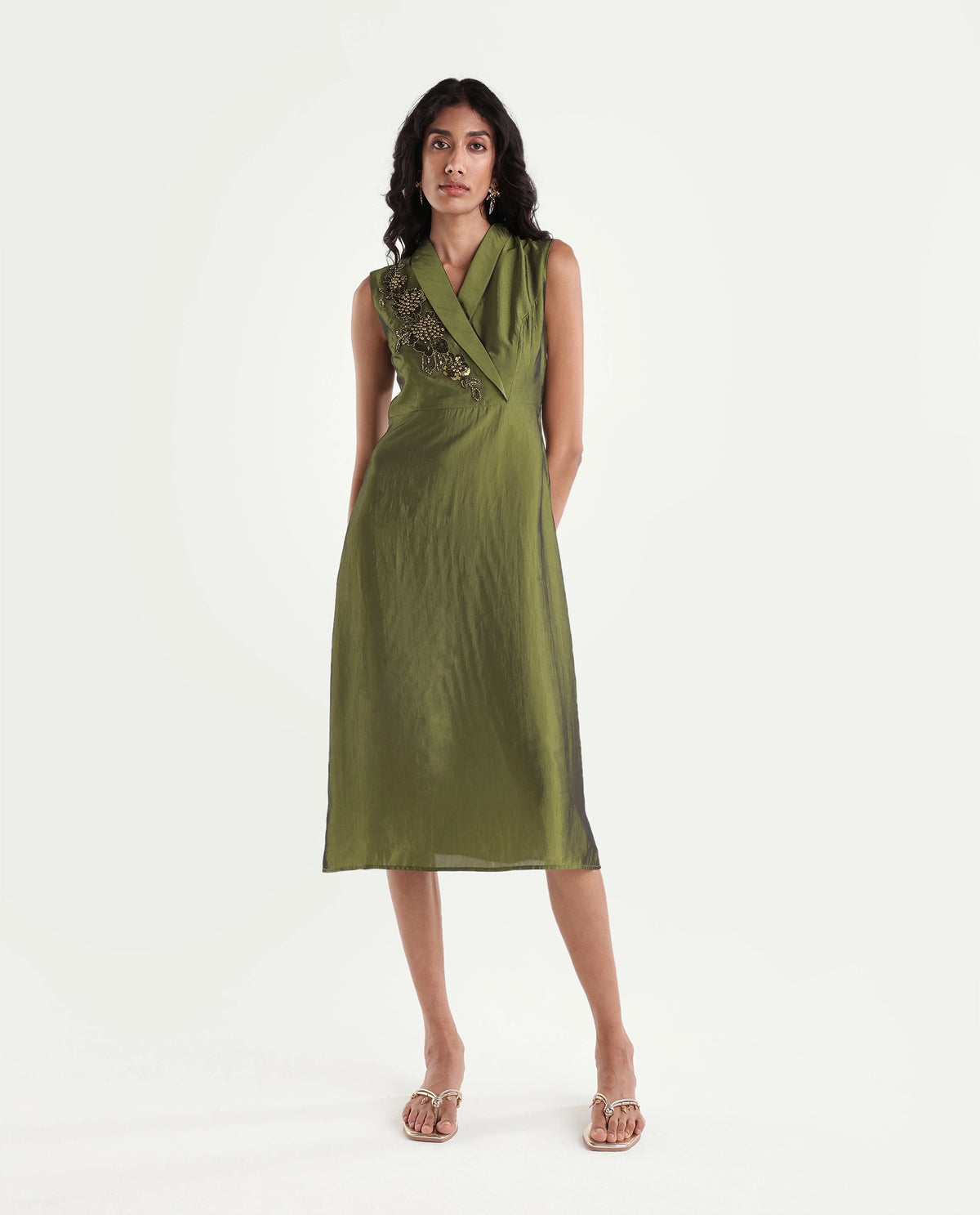 Rareism Women's Xanew Olive Viscose Blend Band Collar Fit And Flare Plain Dress