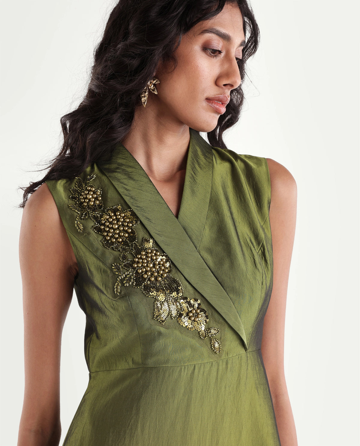 Rareism Women's Xanew Olive Viscose Blend Band Collar Fit And Flare Plain Dress