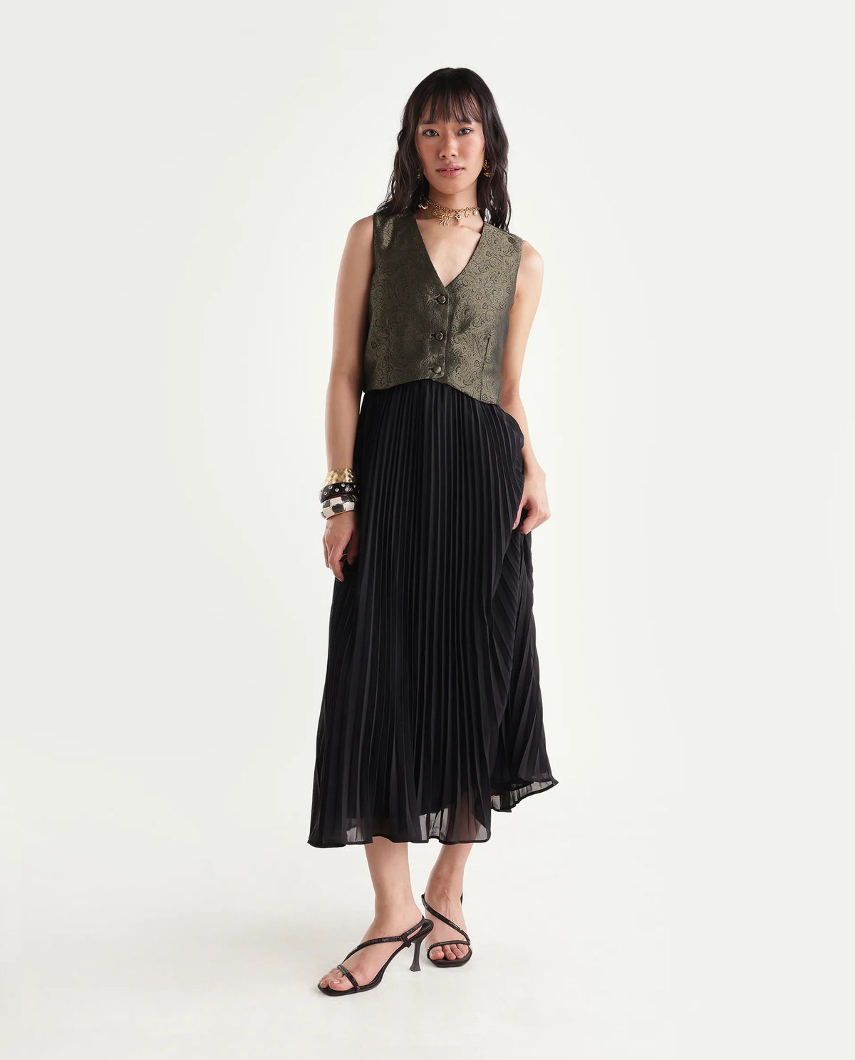 Rareism Women's Xiwaka Black Polyester Blend V-Neck Fit And Flare Jacquard Dress