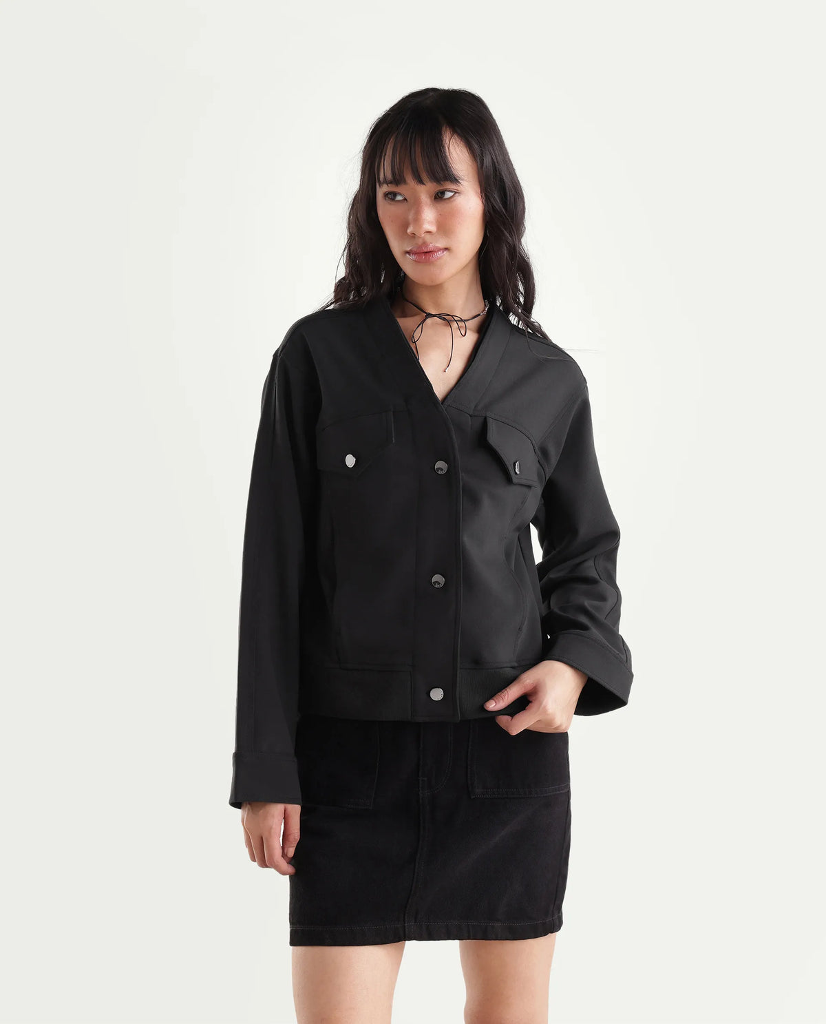 Rareism Women's Ipek Primary Black Polyester Blend V-Neck Regular Plain Jacket
