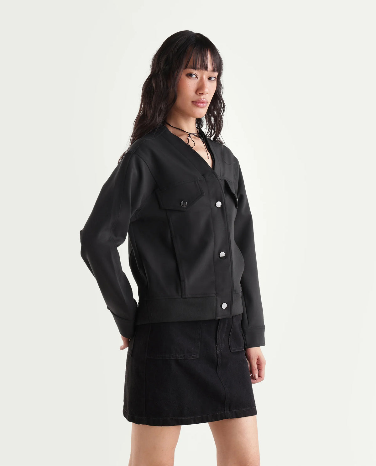 Rareism Women's Ipek Primary Black Polyester Blend V-Neck Regular Plain Jacket
