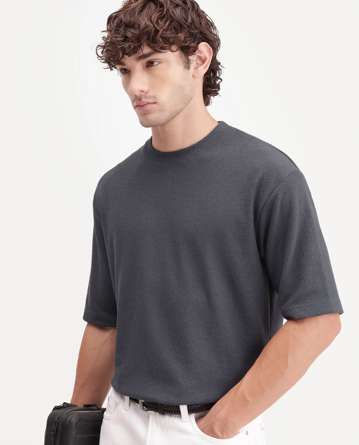 Rare Rabbit Men's Thira Dark Grey Cotton Blend Crew Neck Regular Plain T-Shirt