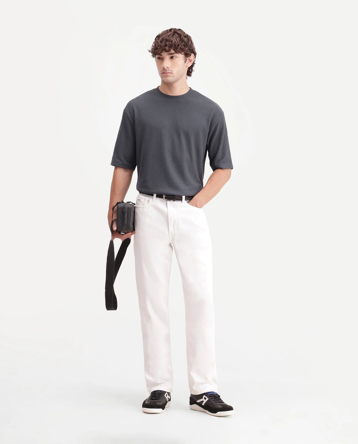 Rare Rabbit Men's Thira Dark Grey Cotton Blend Crew Neck Regular Plain T-Shirt