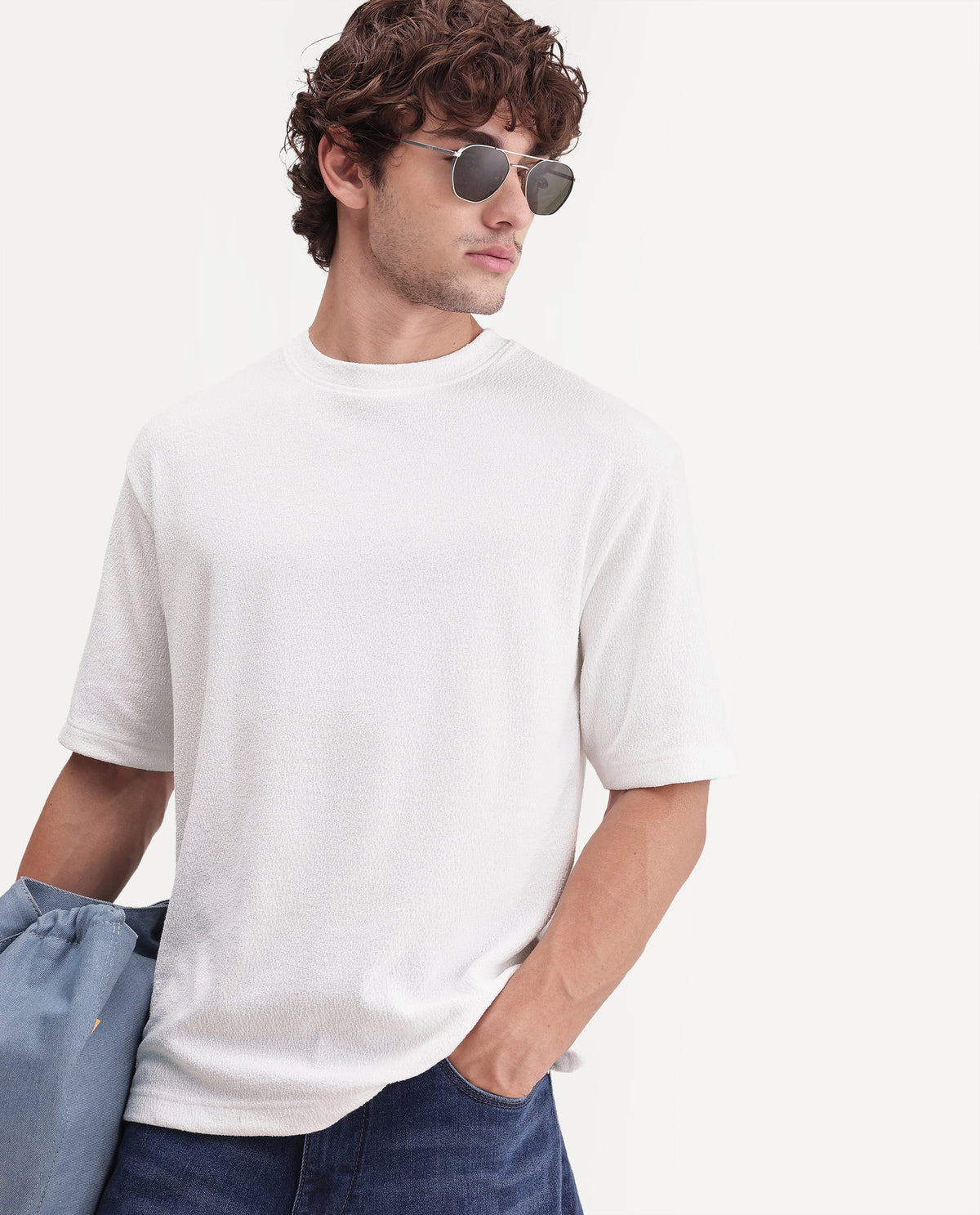 Rare Rabbit Men's Thira Off White Cotton Blend Crew Neck Regular Plain T-Shirt
