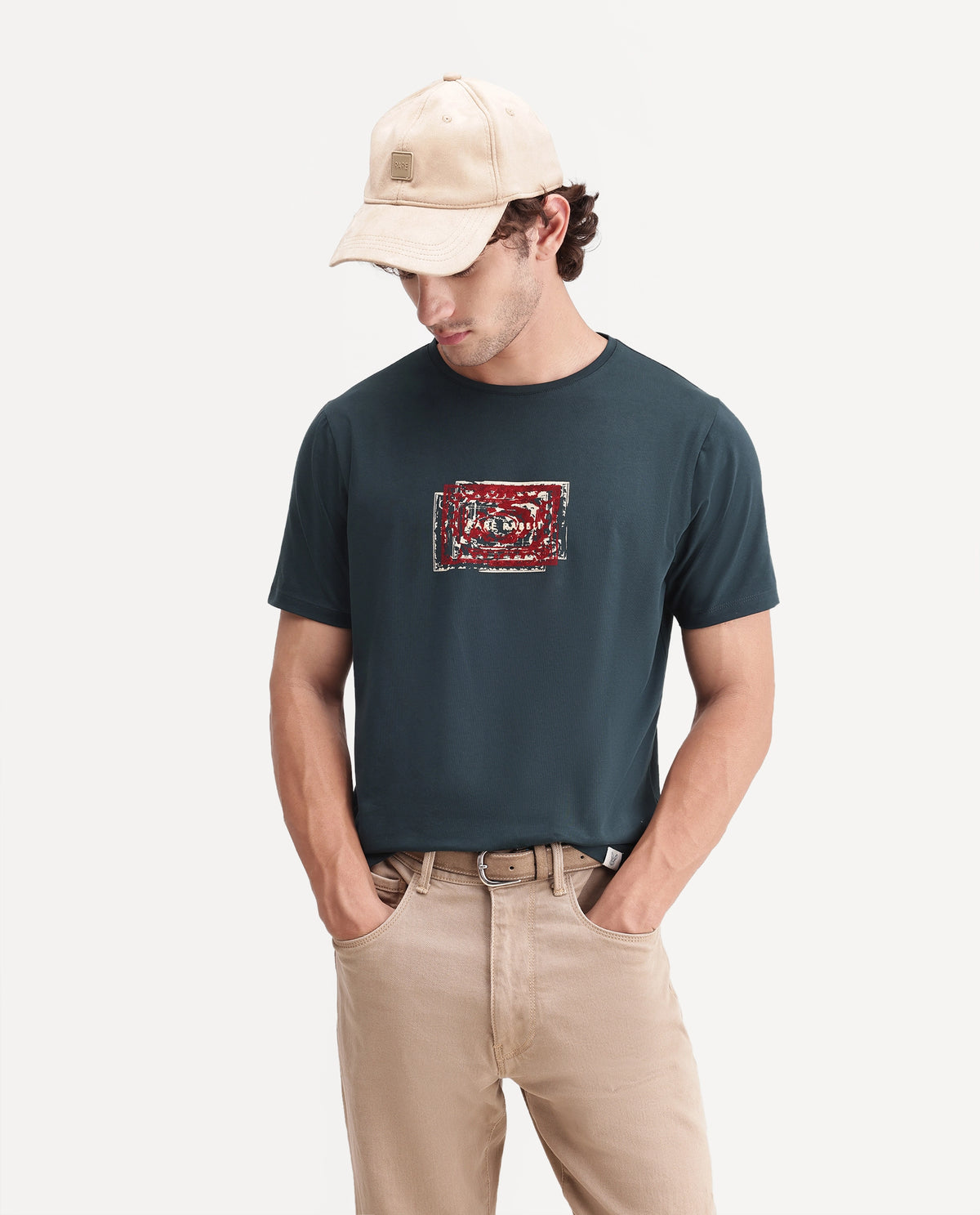 Rare Rabbit Men's Every Dark Green Cotton Blend Crew Neck Regular Graphic Print T-Shirt