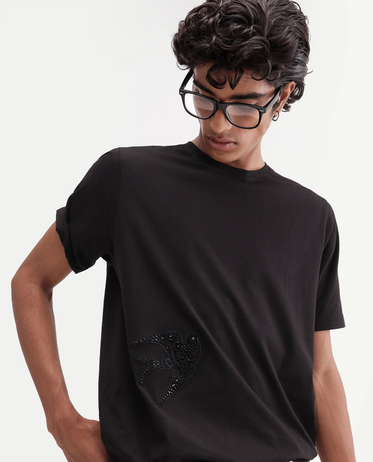 Rare Rabbit Men's Feath Black Cotton Blend Crew Neck Regular Graphic Print T-Shirt