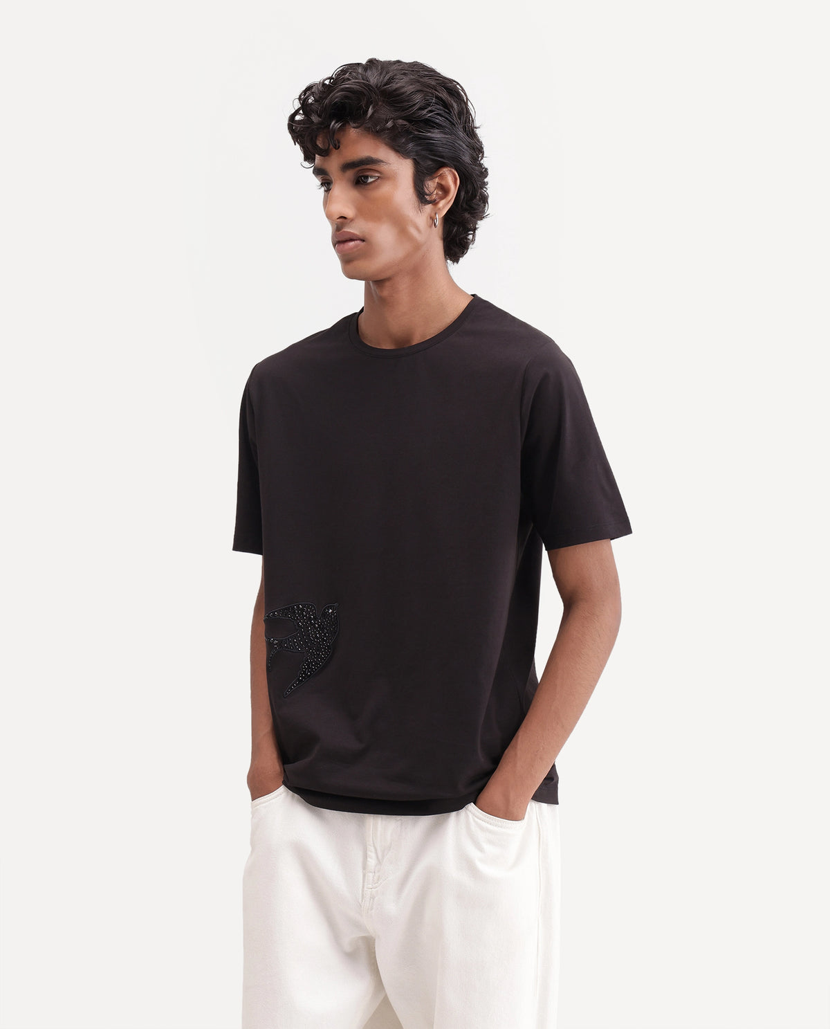 Rare Rabbit Men's Feath Black Cotton Blend Crew Neck Regular Graphic Print T-Shirt