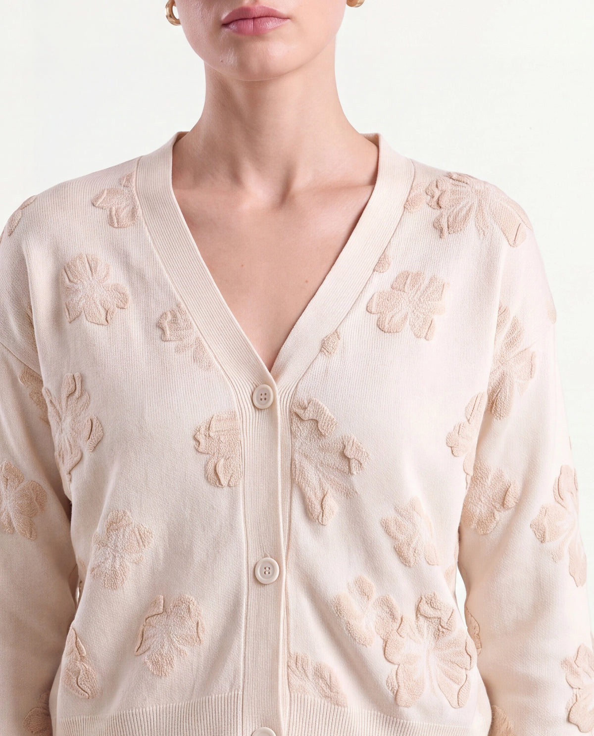 Rareism Women's Lamol Primary Off White Acrylic Blend V-Neck Relaxed Floral Print Cardigan