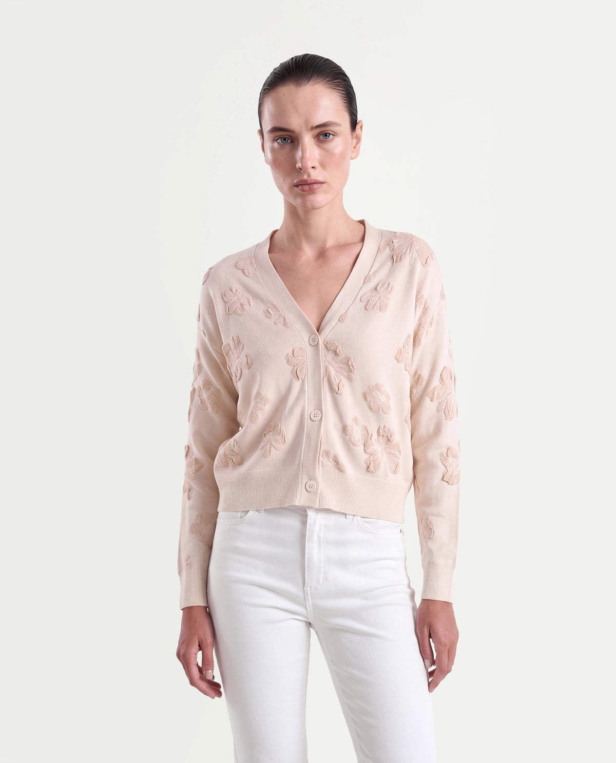 Rareism Women's Lamol Primary Off White Acrylic Blend V-Neck Relaxed Floral Print Cardigan
